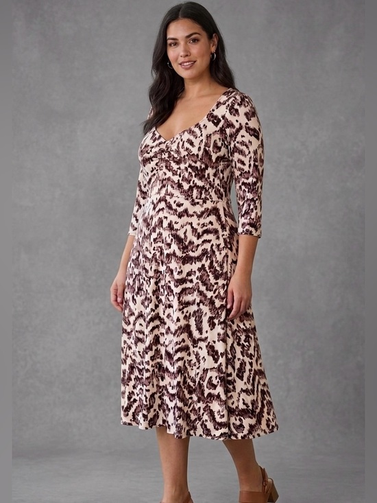 June+vie Dresses & Skirts - Printed Midi Dress in Cream and Brown